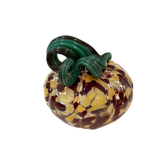 Hand Blown Art Glass Pumpkin Gourd Brown Beige Green Stem Autumn Decor Signed 5" - Picture 2 of 7